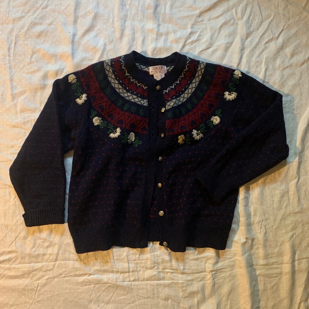 SKYR wool cardigan sweater, size medium, floral woven details and flowers with m